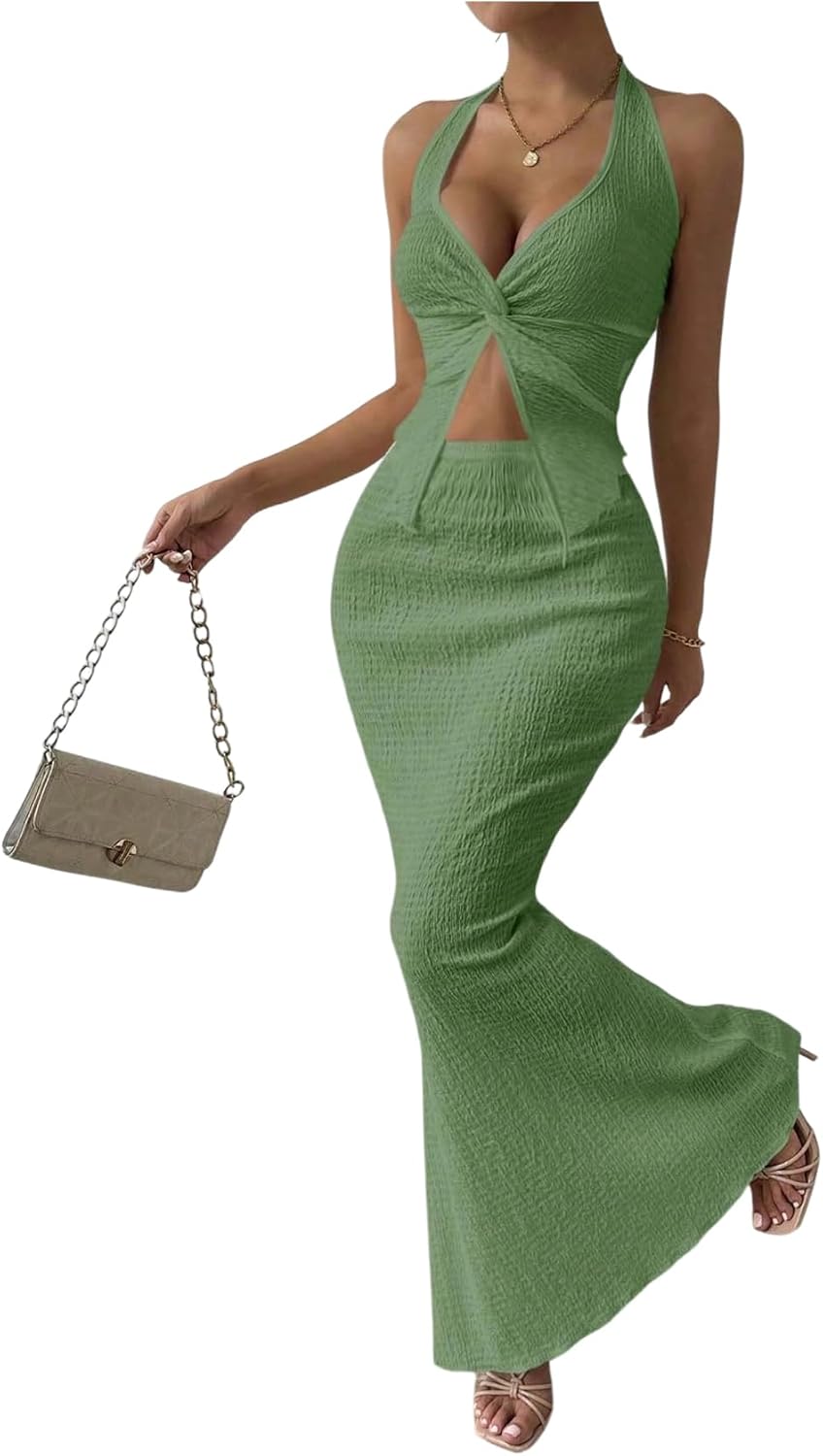 Stylish Women's Two Piece Outfits with Twist Front Halter Design
