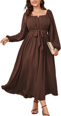 Plus Size Maxi Dress Long Sleeve Square Neck - Flattering A Line