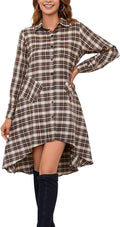 olrain Womens Plaids V Neck Long Sleeve Irregular Hem Shirt Dress