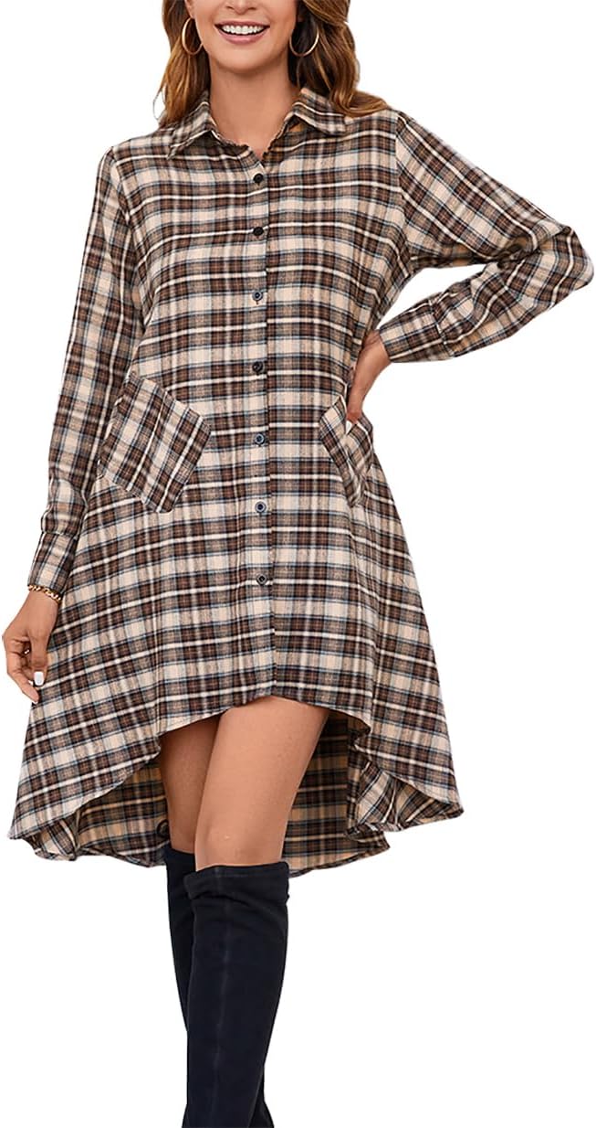 Olrain Womens Plaids V Neck Long Sleeve Casual Shirt Dress