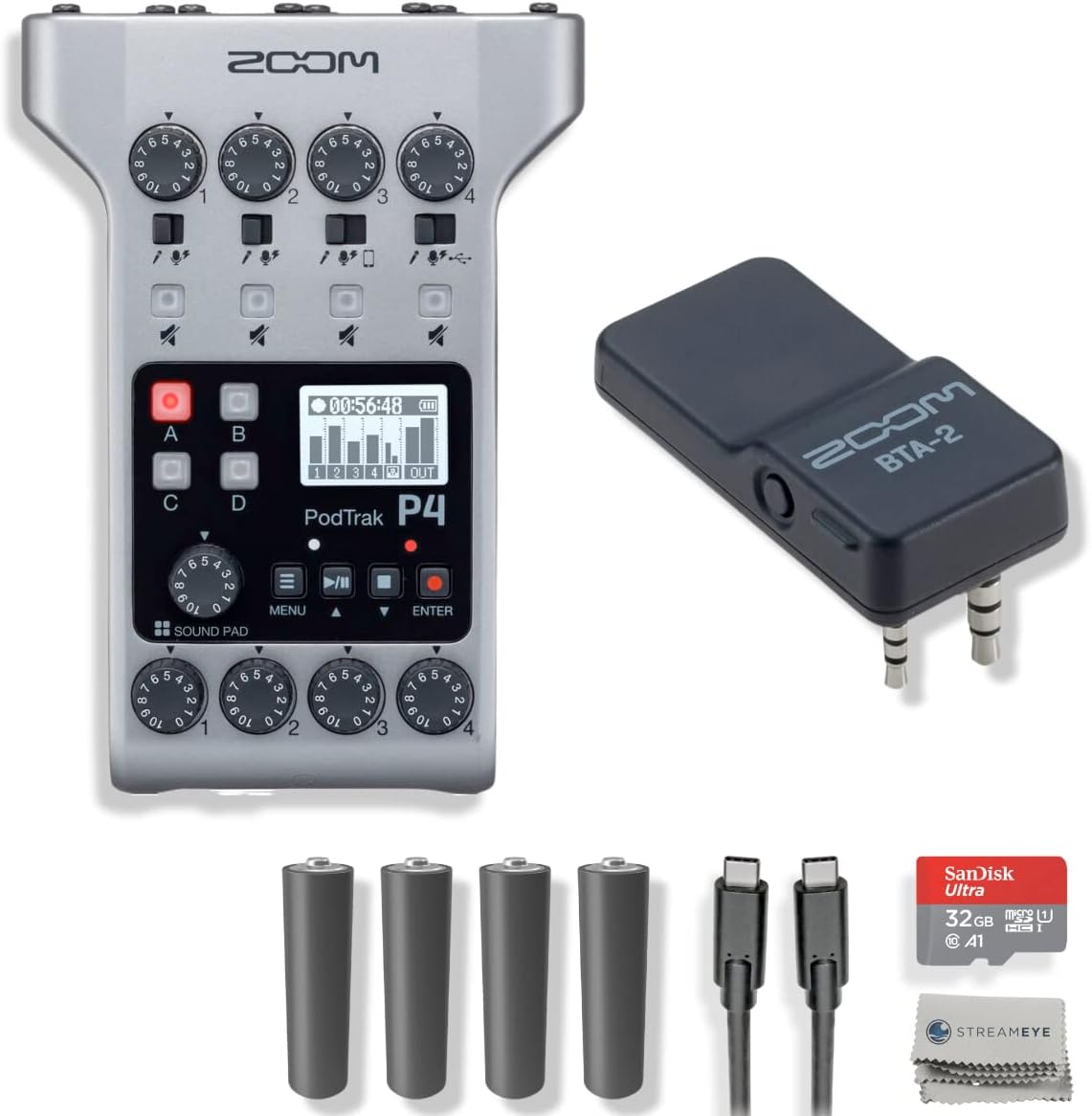 Zoom PodTrak P4 Portable Podcast Recorder with Bluetooth Adapter