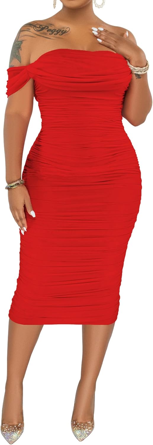 Elegant Off Shoulder Ruched Bodycon Midi Dress for Women