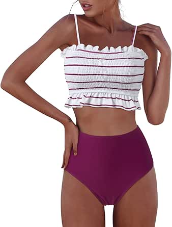 RXRXCOCO Womens Shirred Bandeau Bikini High Waist Swimsuit