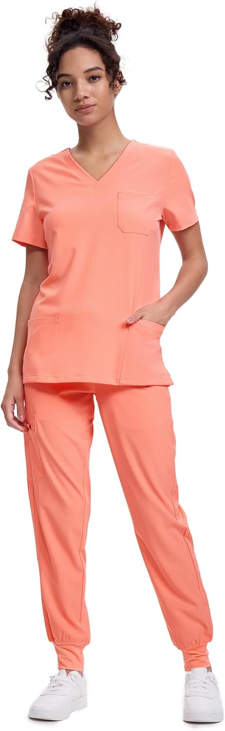 Women's V-Neck Scrubs Top & Cargo Pants Set with 10 Pockets