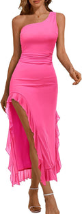 DRESSTELLS One Shoulder Ruched Bodycon Long Slit Dress - Elegant Fit