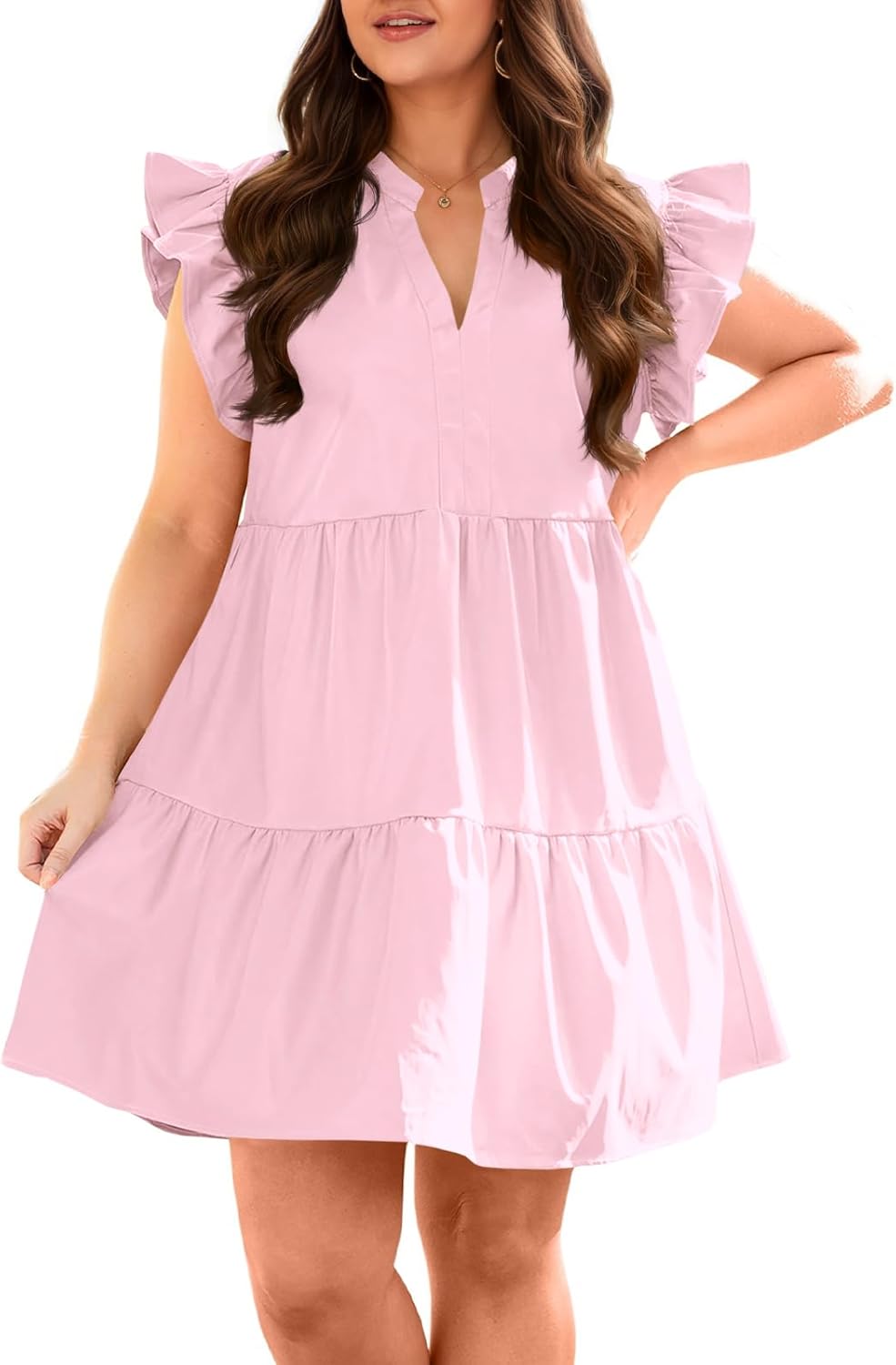 Plus Size Summer Ruffle Short Sleeve V Neck Mini Dress