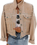 Omoone Women's Rivet Studded Denim Jacket - Casual Western Style