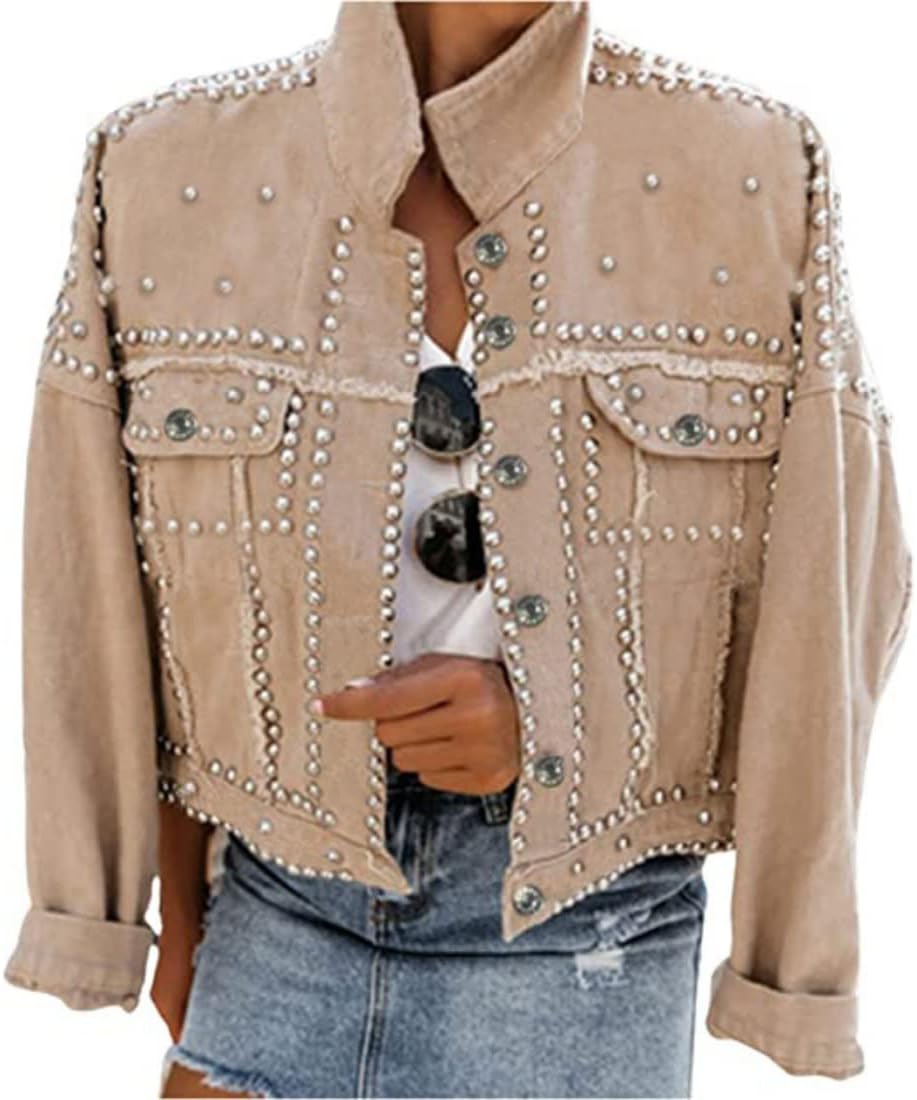 Chic Women's Rivet Studded Denim Jacket for Casual Wear 55ft60