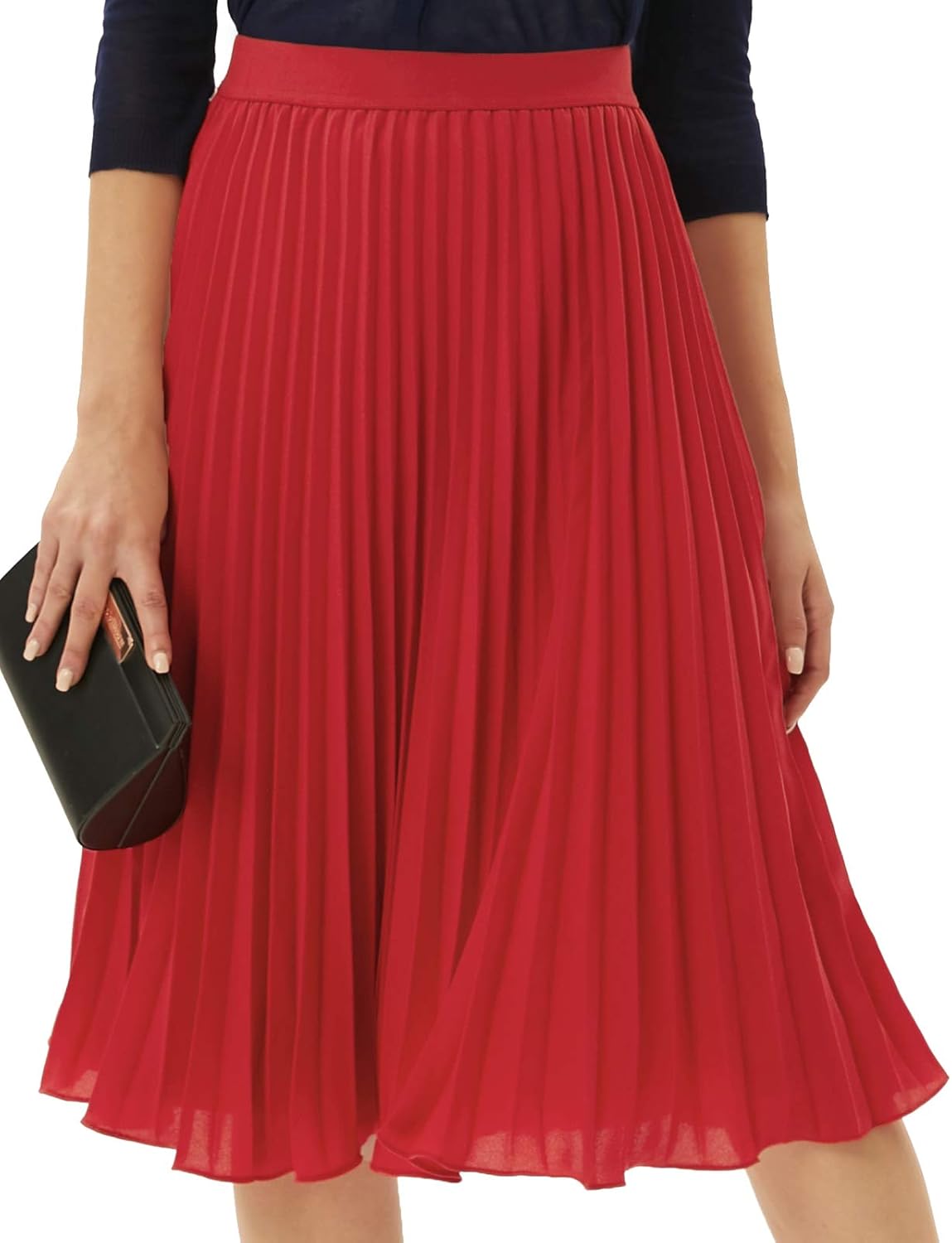 High Elastic Waist Pleated Chiffon Midi Swing Skirt for Women