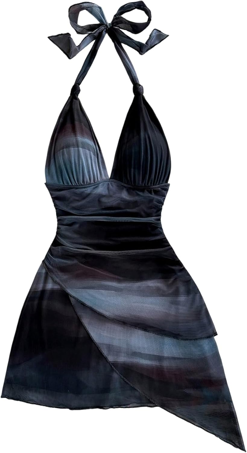 SOLY HUX Women's Sexy Tie Dye Print Halter V Neck Mini Dress