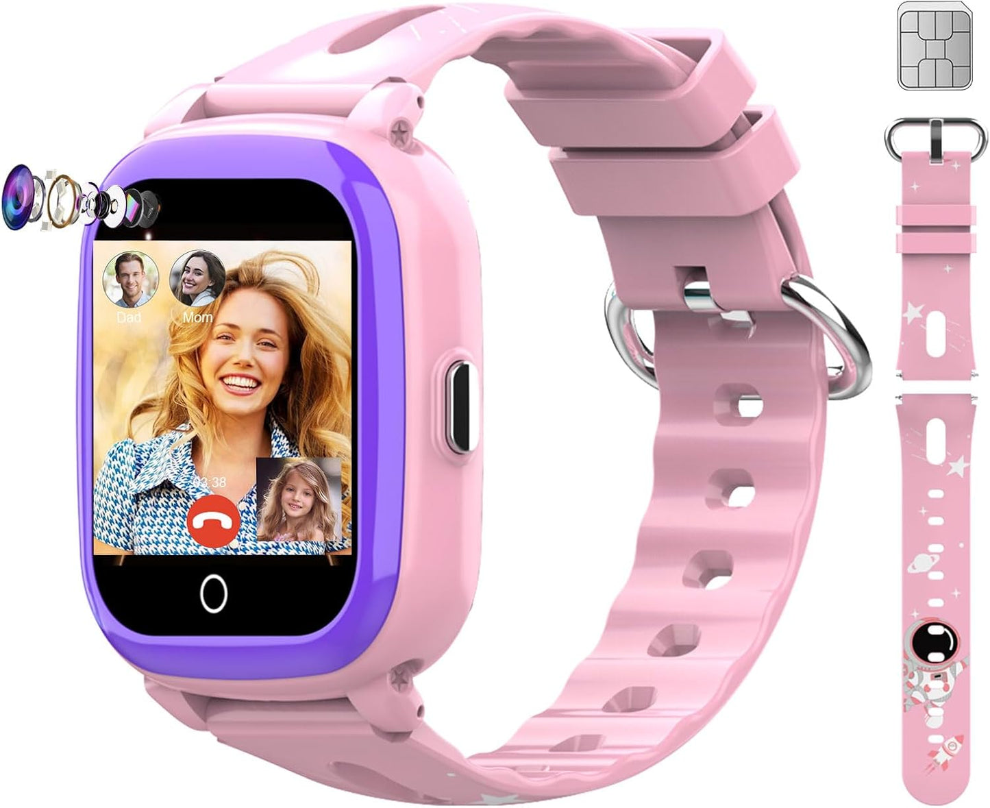 4G GPS Kids Smartwatch - SOS, Camera, Music, Pedometer (Pink)
