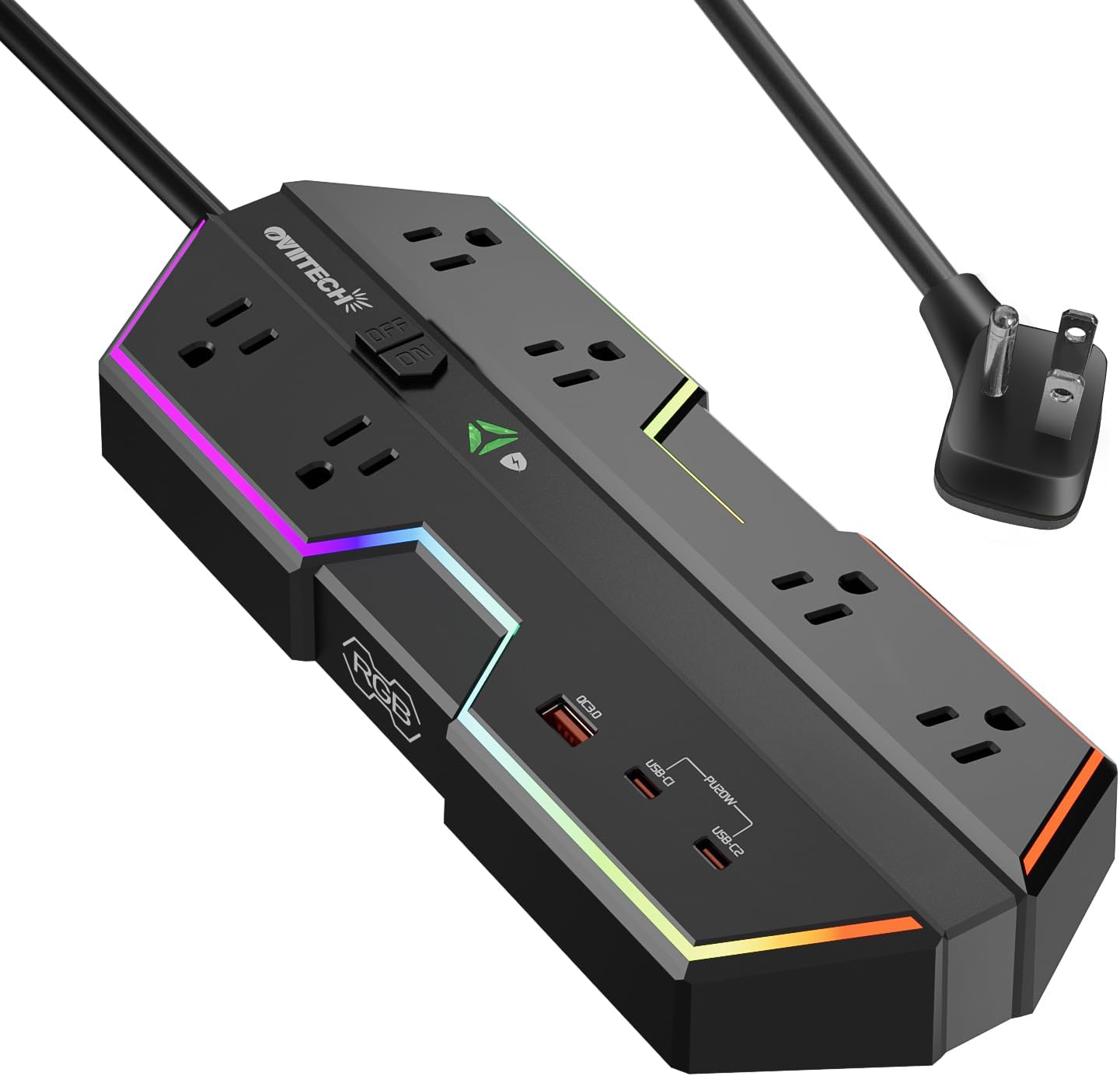 4000J Surge Protector Power Strip with USB Ports and RGB Lights