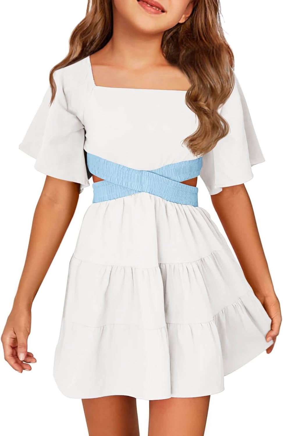 Batermoon Girls Summer Dress Square Neck Short Sleeve A-line