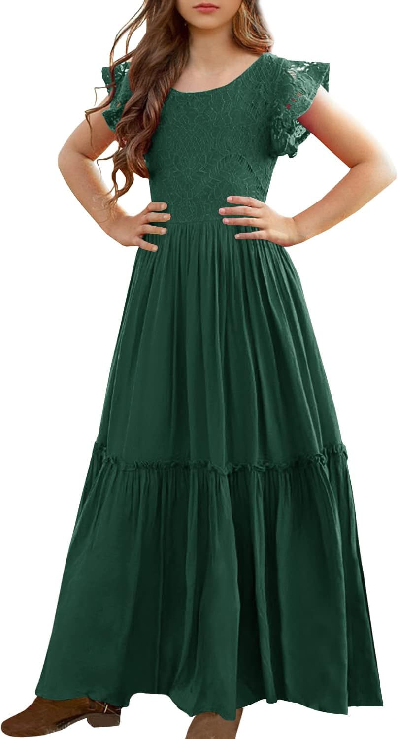MITILLY Girls Lace Flower Ruffle Sleeve A-Line Maxi Dress