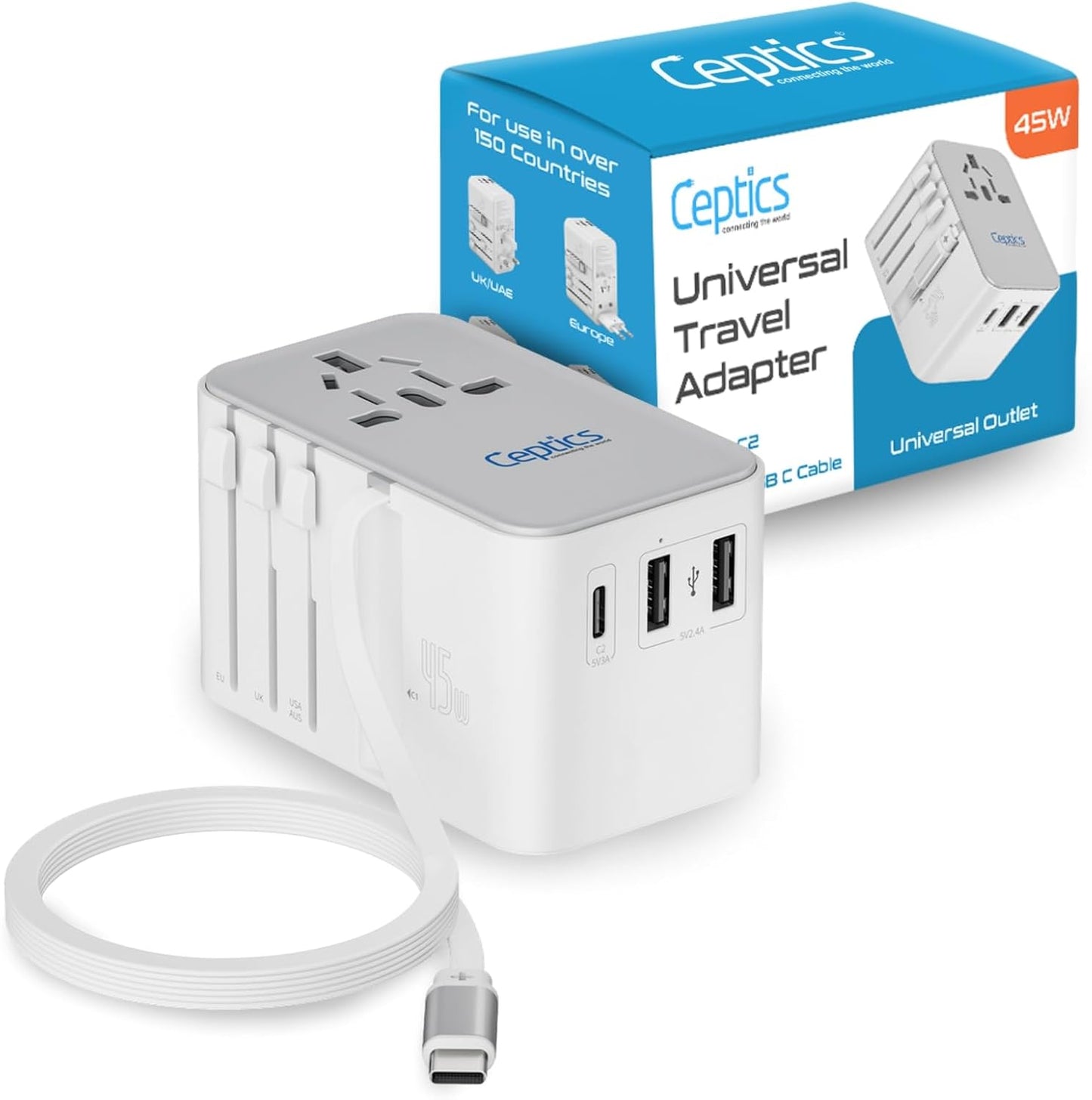 Ceptics 5 in 1 International Travel Adapter with USB-C Cable