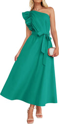 One Shoulder Ruffle Maxi Dress - Flowy Summer Empire Waist Women's