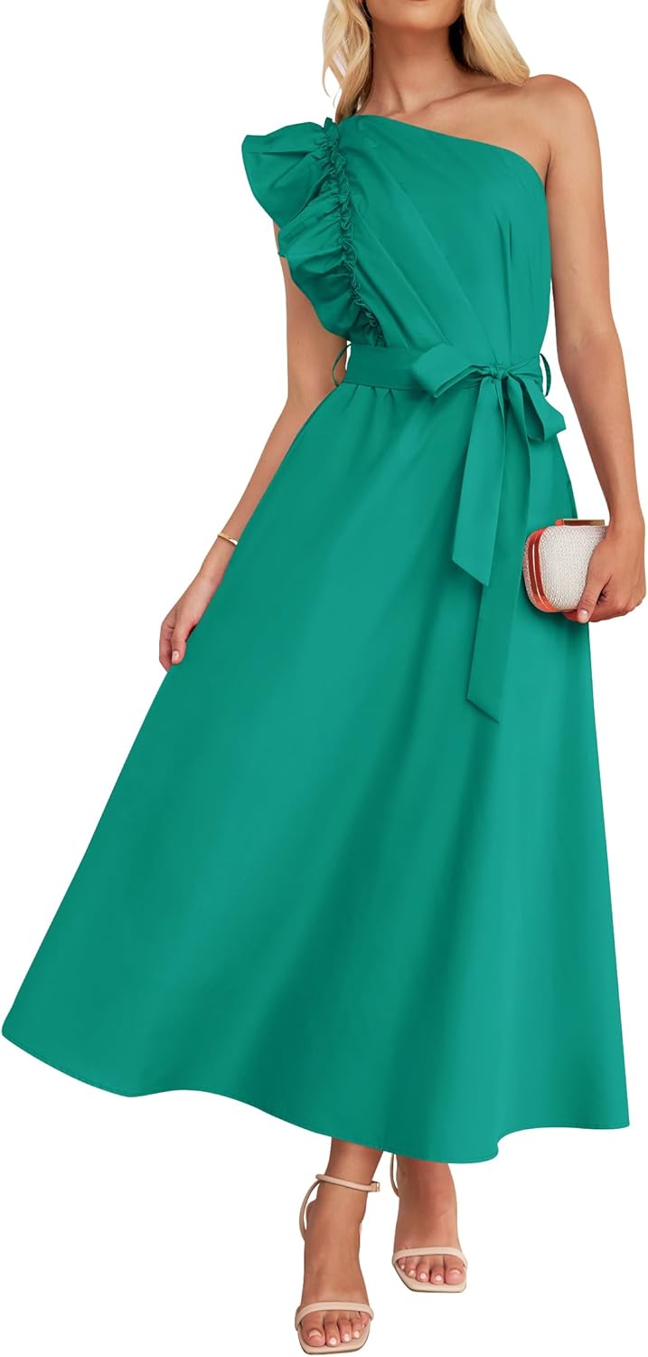 ZESICA Women's One Shoulder Ruffle Maxi Dress for Summer Fun