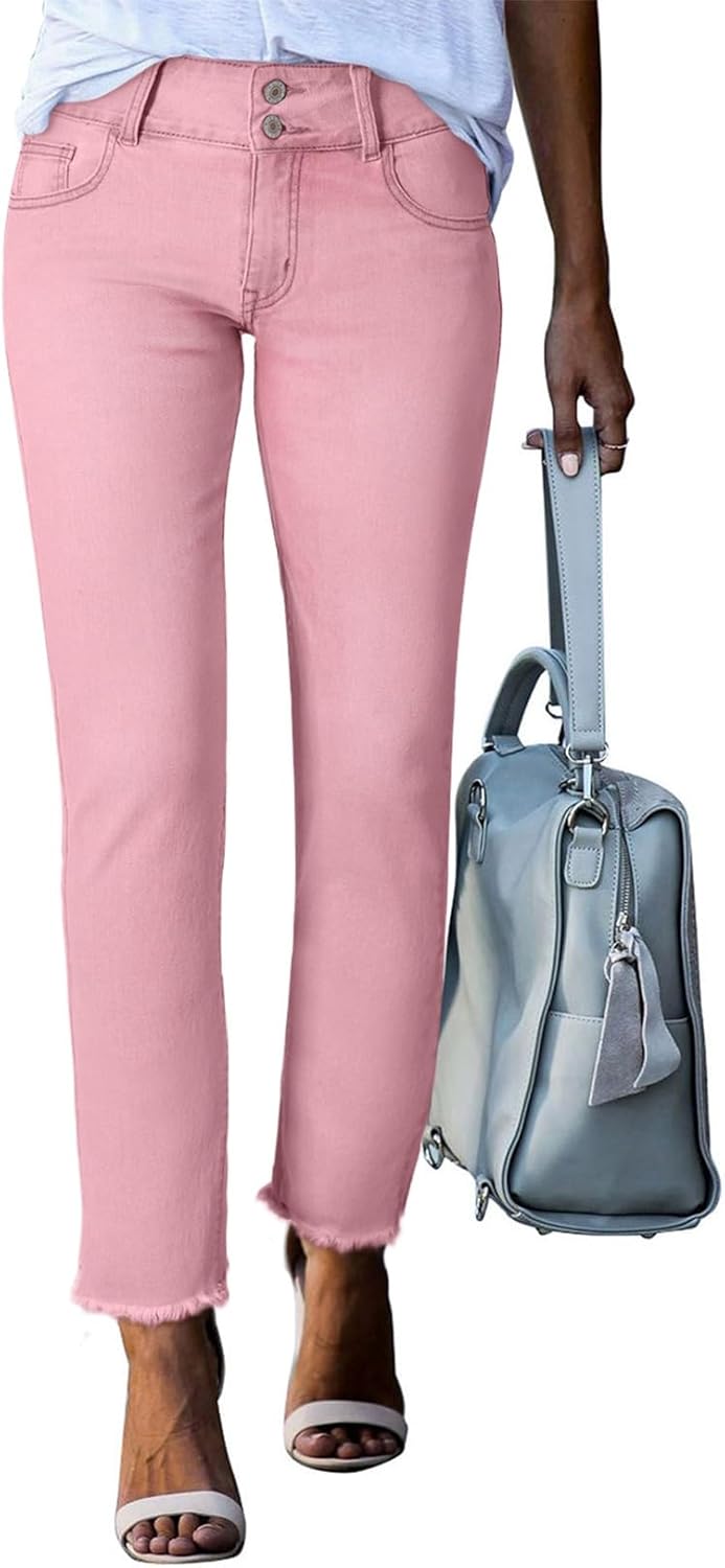 High Waisted Jeans for Women with Raw Hem and Pockets