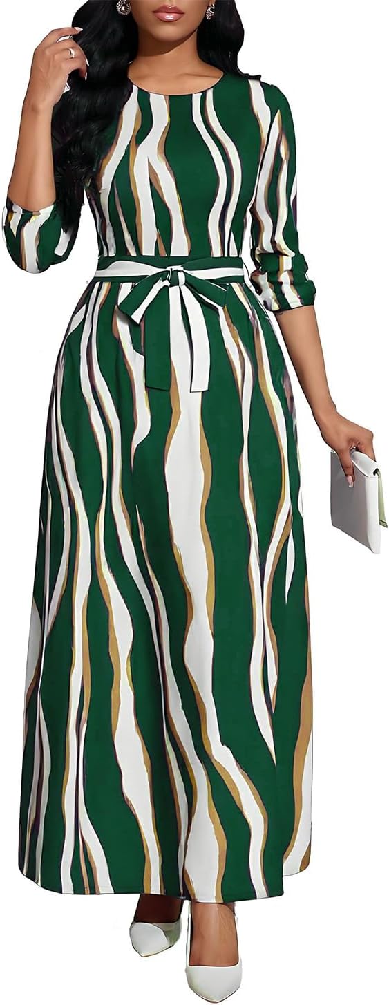 Long Dress for Women Casual Long Sleeve Maxi Dress with Belt