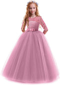 Girls Floral Lace 3/4 Sleeve Floor-Length Princess Dress - Vintage