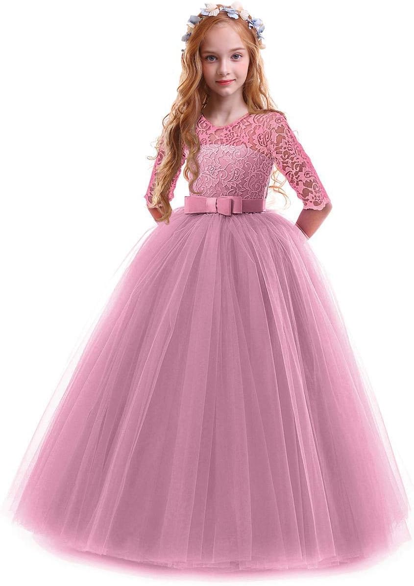 Girls Flower Vintage Floral Lace 3/4 Sleeves Dress for Parties
