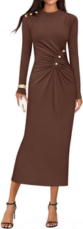 Womens Mock Neck Ruched Bodycon Midi Dress - Elegant Fall Knit
