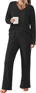 Womens Ribbed Knit Pajama Set V Neck Long Sleeve - Soft Lounge