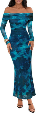 MEROKEETY Off Shoulder Floral Maxi Dress - Elegant Bodycon Fit