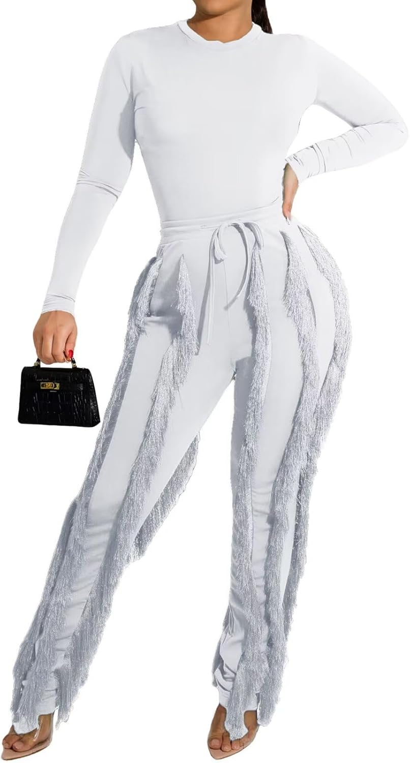 Sexy Two Piece Outfits for Women with Fringe Pants Set