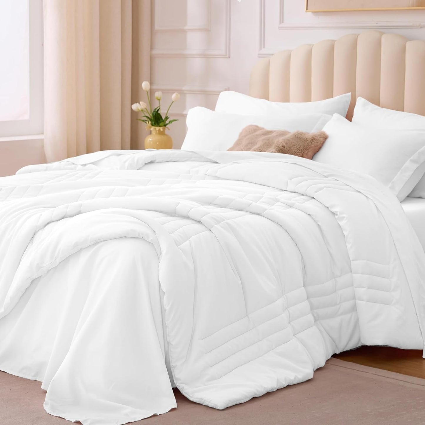 Queen Comforter Set White - 7 Piece Soft Bedding Set for All Seasons
