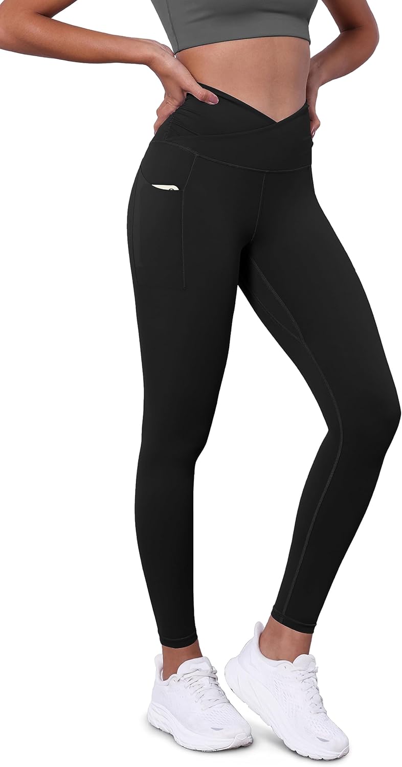 ODODOS Women's Gathered Cross Waist Yoga Leggings with Pockets