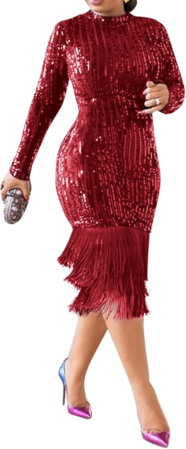 Cololura Sexy Elegant Women Sequin Bodycon Midi Dress Gown