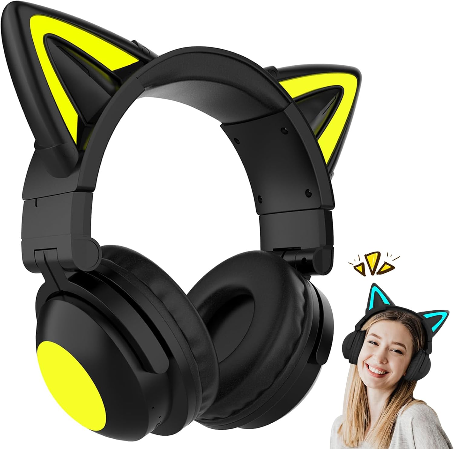 Wireless Cat Ear Headphones for Kids - Built-in Mic, Foldable Design, LED Lights | E-Greetshopping