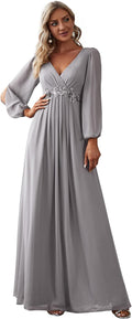V Neck Long Lantern Sleeve Chiffon A-Line Formal Dress - Elegant