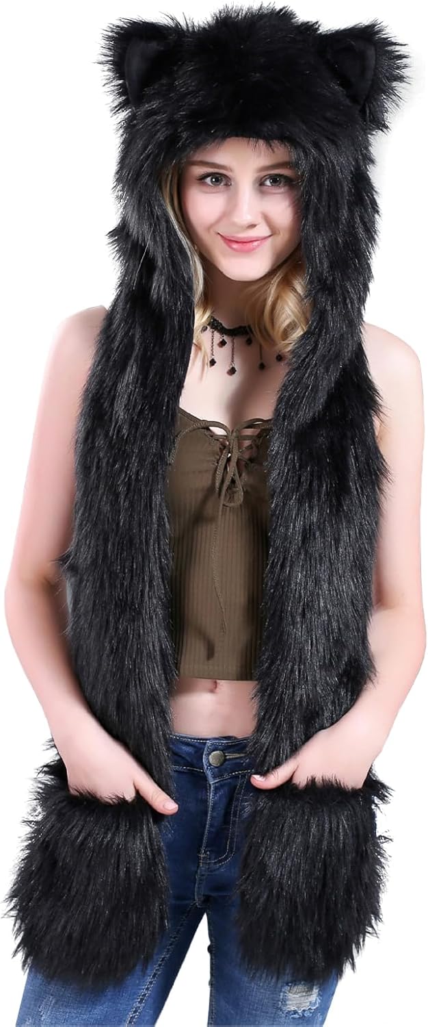 JIAHG Cozy Faux Fur 3-in-1 Animal Hat -Versatile Warmth!