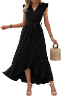 Women V Neck Summer Dress with Swiss Dot - Flowy Ruffle Maxi