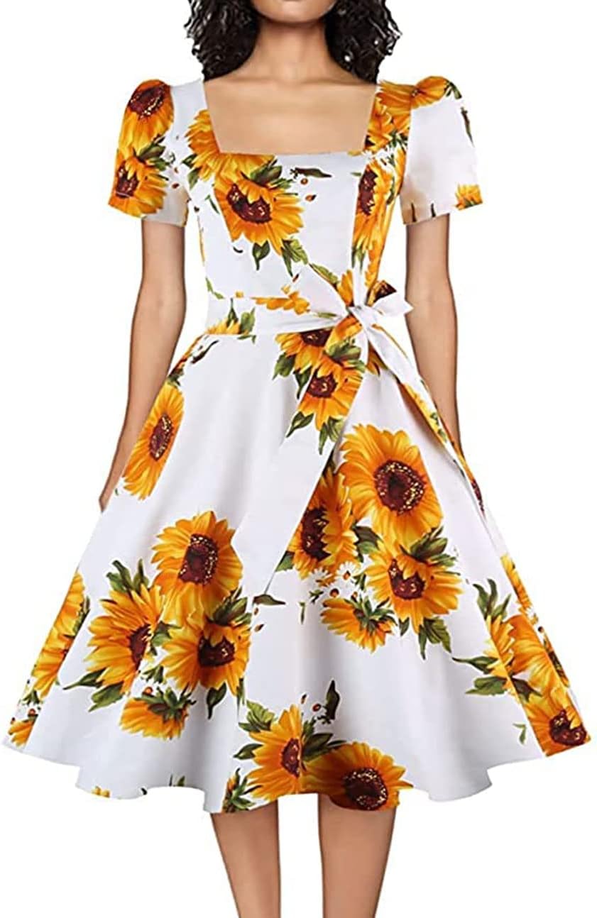 OBBUE Women's Vintage 1950s Cocktail Party Dress with Puff Sleeves