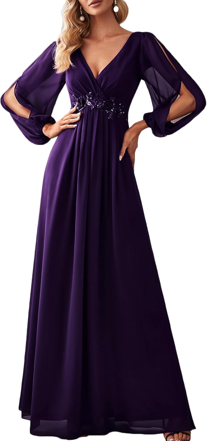 Elegant V Neck Long Lantern Sleeve Chiffon Evening Dress