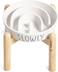 Slow Feeder Dog Bowls - 3-Cup Raised Ceramic & Wood Stand