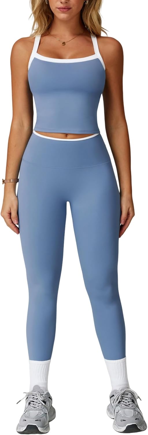 Womens Workout Sets Two Piece Cross Back Tank Top Leggings