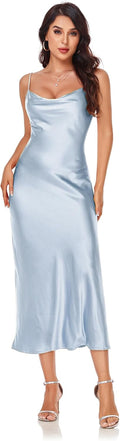 Women's Satin Silk Cowl Neck Midi Slip Dress - Backless Party Style