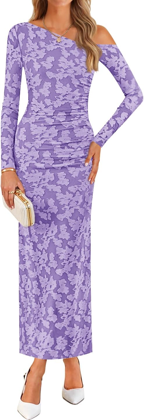 ZESICA Women's Fall Floral Off Shoulder Bodycon Maxi Dress