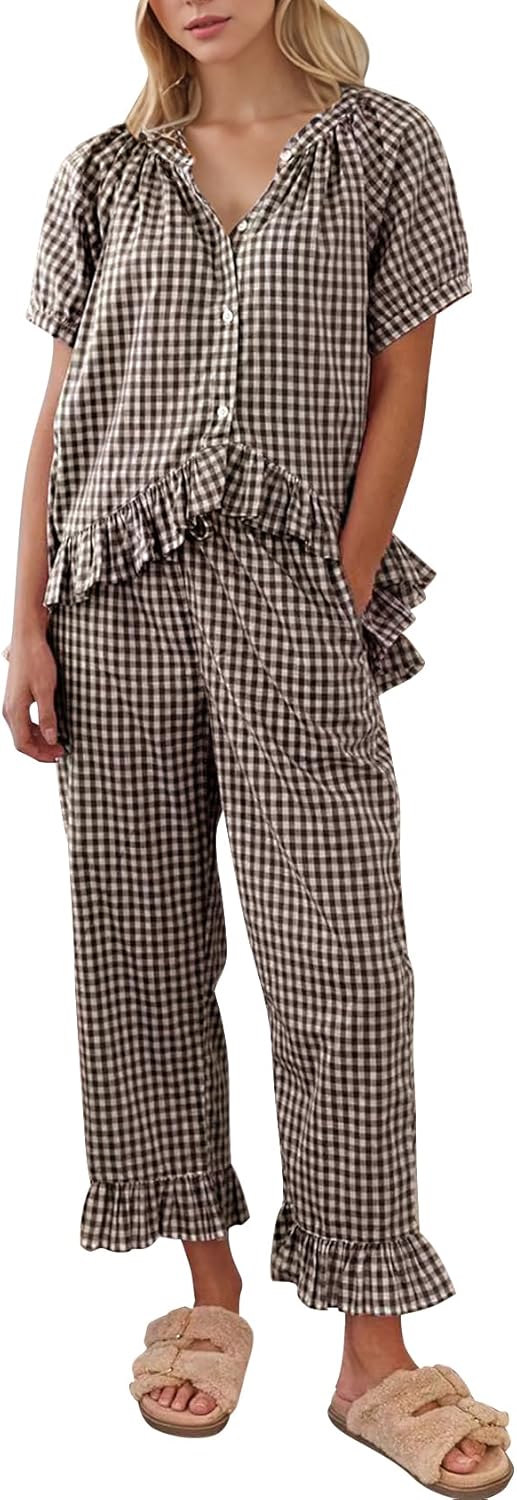 COZYPOIN Womens Gingham Pajama Set for Stylish Comfort