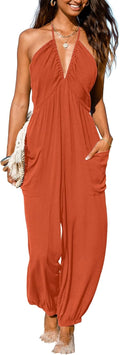 CUPSHE Plunge Halter Sleeveless Pleated Maxi Jumpsuit - Casual Summer