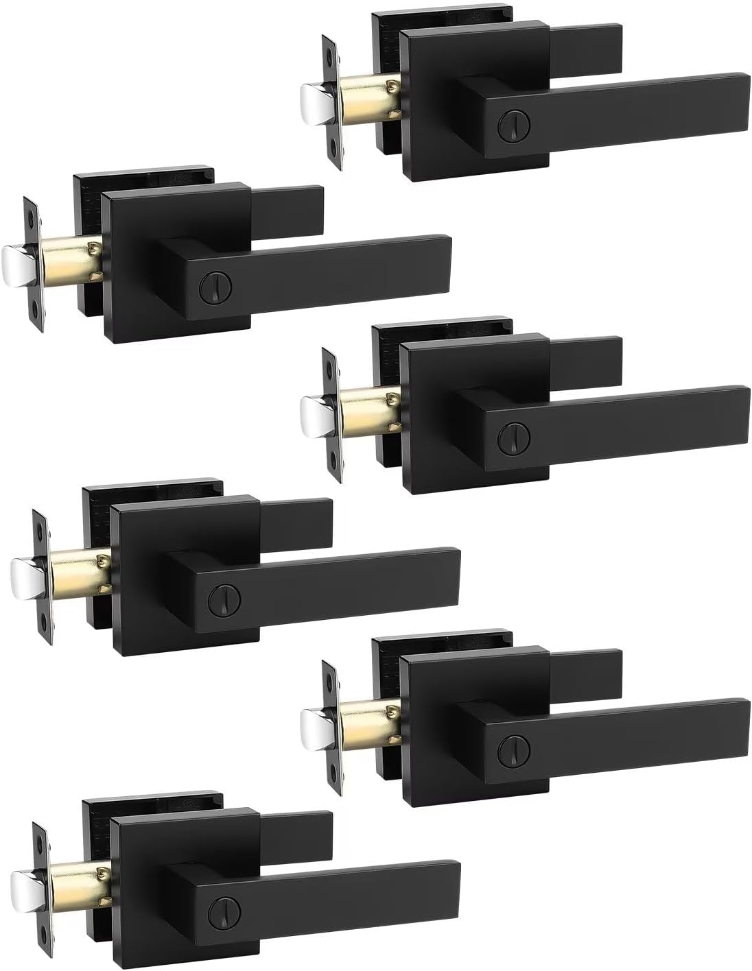 6 Pack Square Privacy Door Levers Locksets in Matte Black Finish