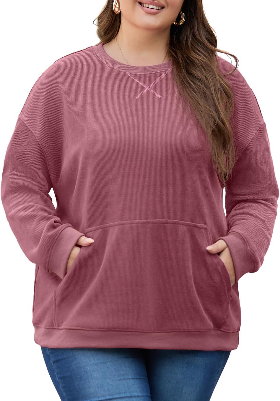 OLRIK Plus Size Oversized Corduroy Sweatshirt with Pocket