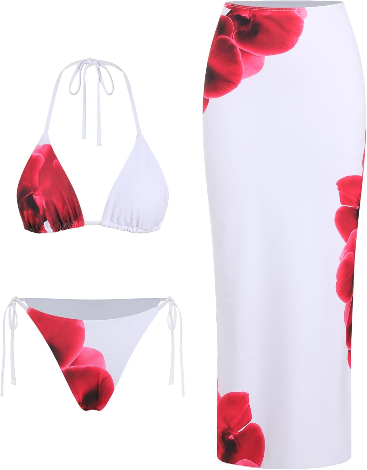 ZAFUL Womens 3pcs Swimsuit Floral Halter Triangle Bikini Set