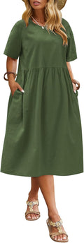 Plus Size Cotton Linen Midi Dress with Pockets - Cool Summer Comfort