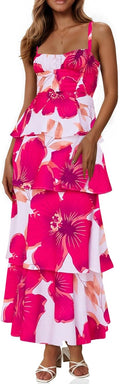 Womens Floral Maxi Dress Spaghetti Strap Ruffle Tiered - Flowy Fit