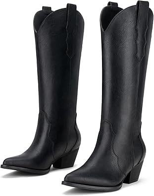 Rollda Cowboy Boots for Women Knee-High Embroidered Style